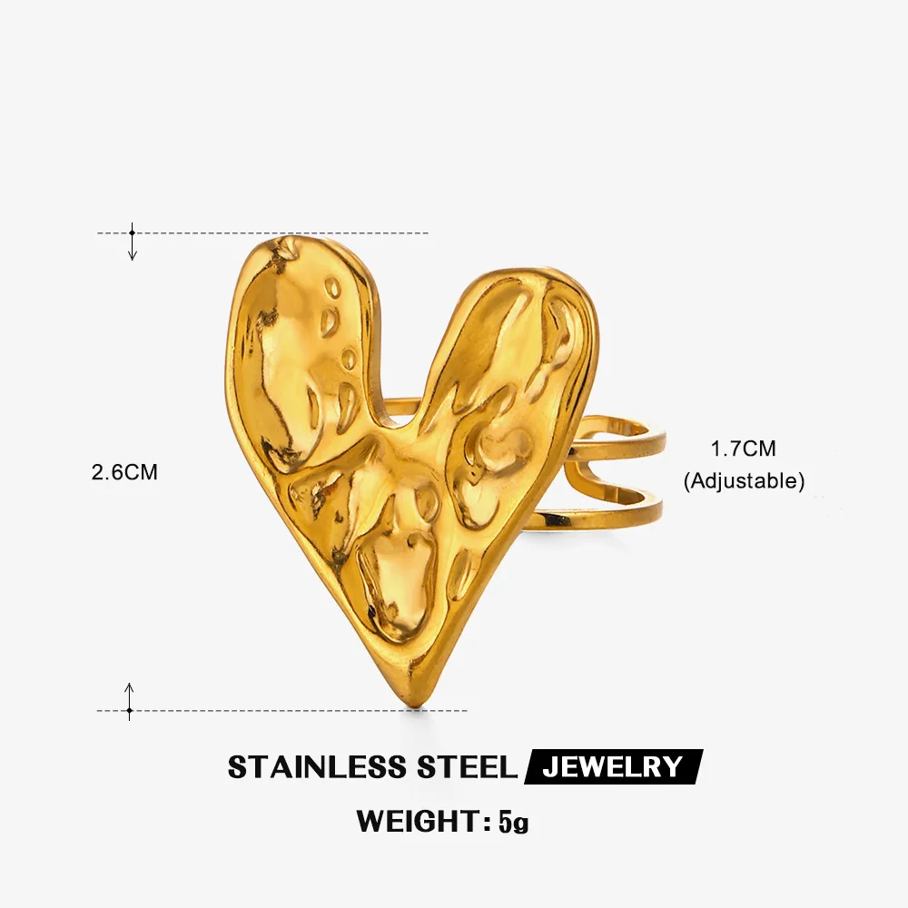 Stainless Steel Hammer Pattern Big Heart Opening Ring Texture Design 18K Gold Plated Jewelry for Women Charm Finger Decoration