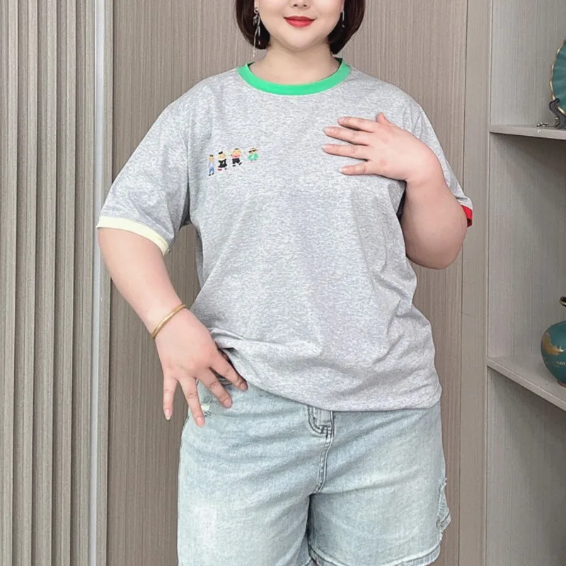 Block Color Round Neck Short Sleeve T-shirt Women 2024 Summer New Plus Size Loose Thin Design Cotton Top