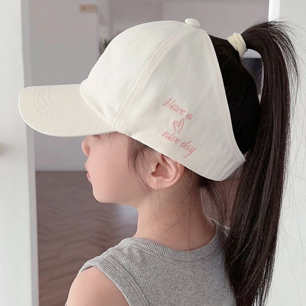 

Children Girls High Ponytail Baseball Cap Empty Top Sun Visor Hats Embroidery Love Heart Sun Hat Beach Outdoor Summer Cap Hats