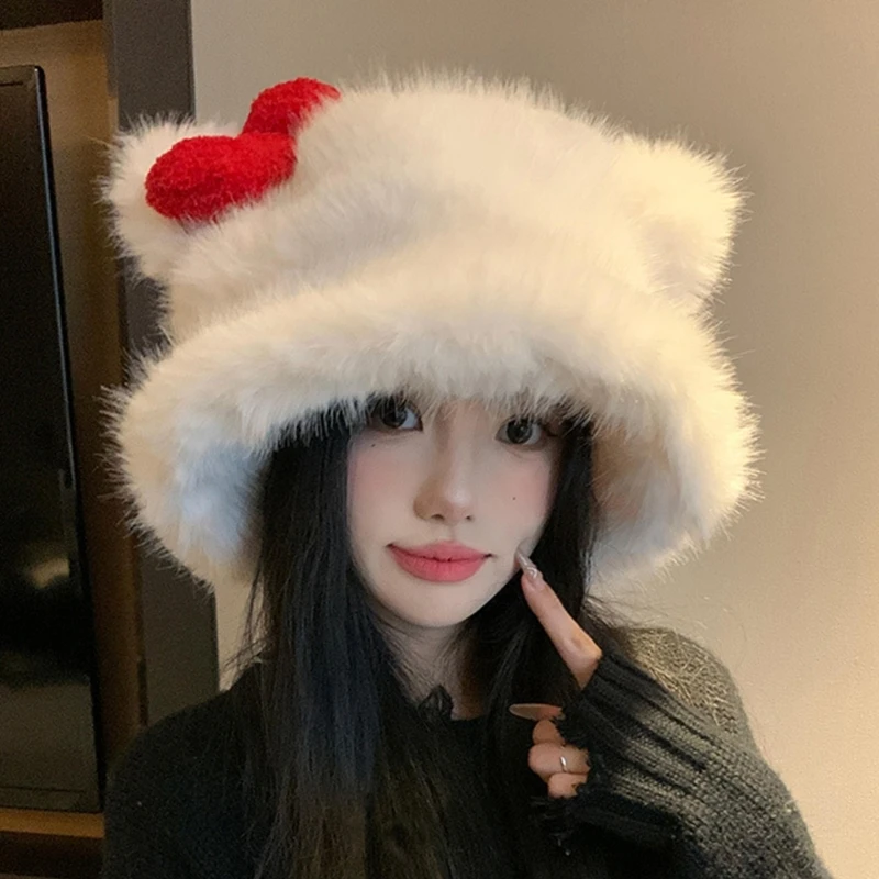 Plush Cats Ear Bucket Hat Fashionable Plush Bowknot Bucket Hat For Women Girl Hiking Camping Traveling Outdoor Activity 6XDA