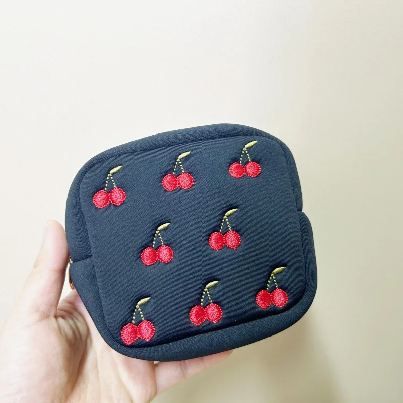 Spring new Korean style mini square makeup bag for women embroidery cherry Sanitary Napkin Storage Bags girls Period organizer