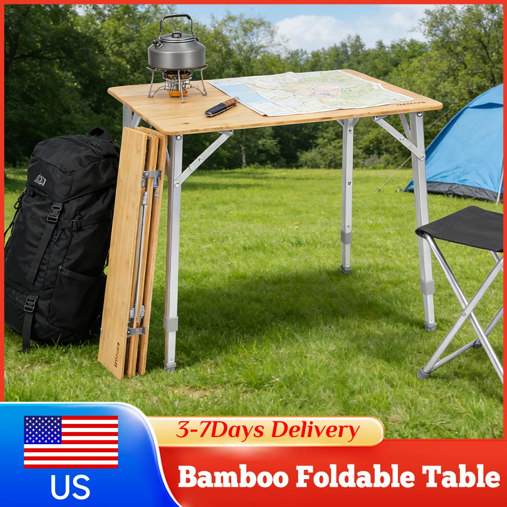 

Bamboo Folding Camping Table Adjustable Height 4-Fold 80KG Load with Carry Bag for Outdoor Picnic Beach Garden Travel Backyard ﻿