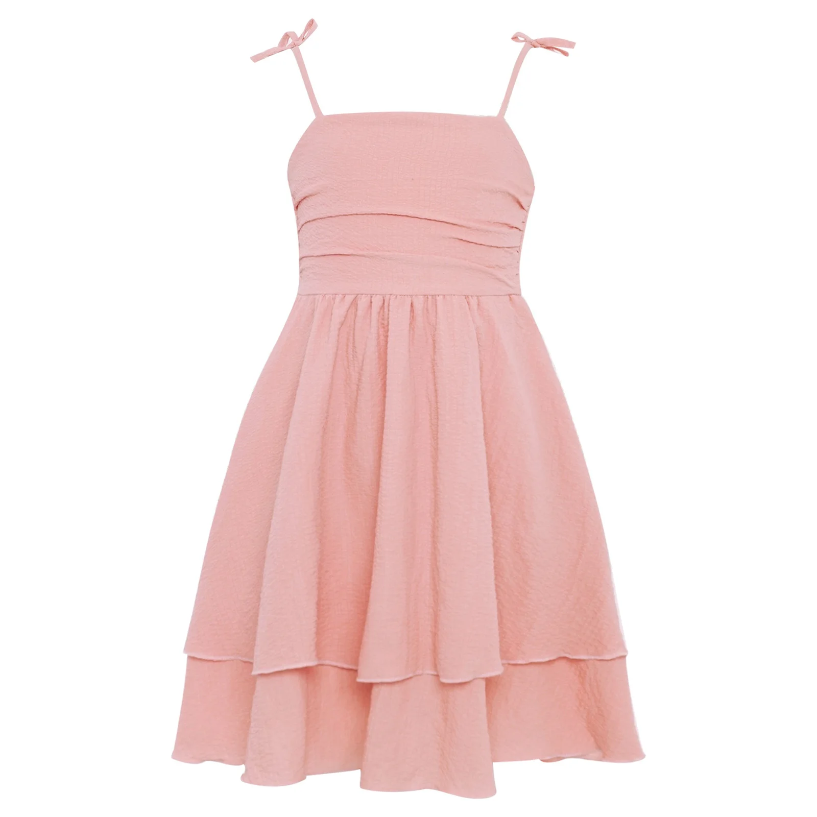 

Kids Girls Dress Summer Adjustable Spaghetti Straps Bowknot Smocked Back Double-Layer A-Line Dresses for Wedding Birthday Party