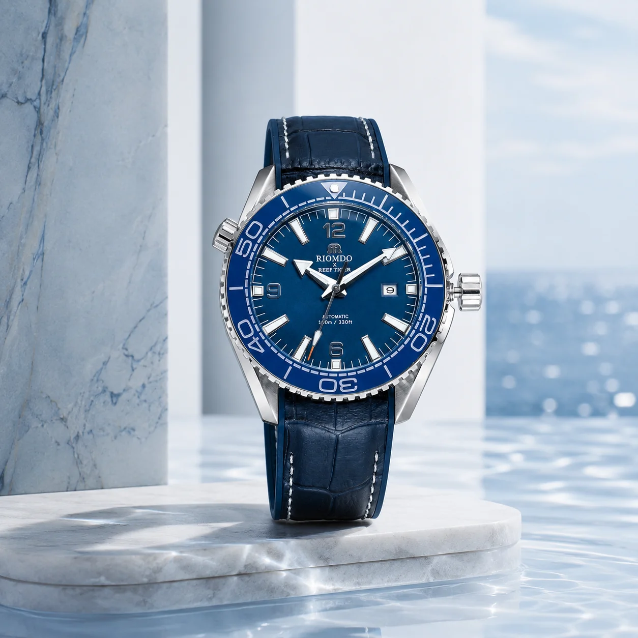 RIOMDO RD-153 Men's Luxury Automatic Watch Blue Dial Super Luminous Date 100m Waterproof Leather Strap Mechanical Ocean Watch