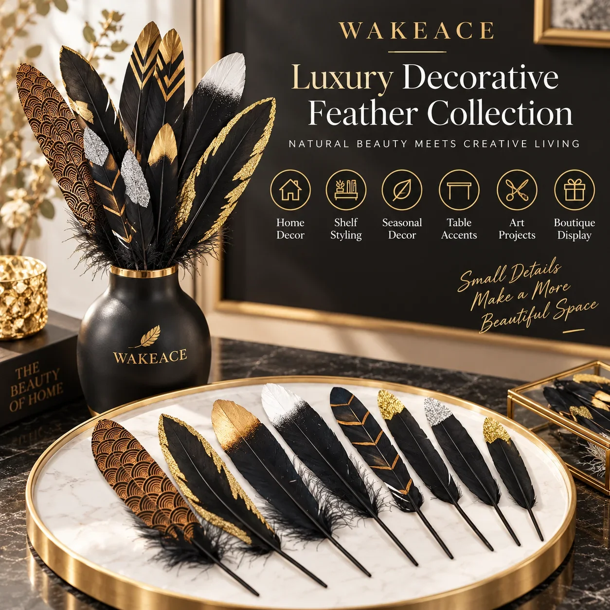 20PCS Gold Black Decorative Feathers for DIY Crafts Party Decor Dream Catchers Costume Accessories Wedding Handmade Art Supplies