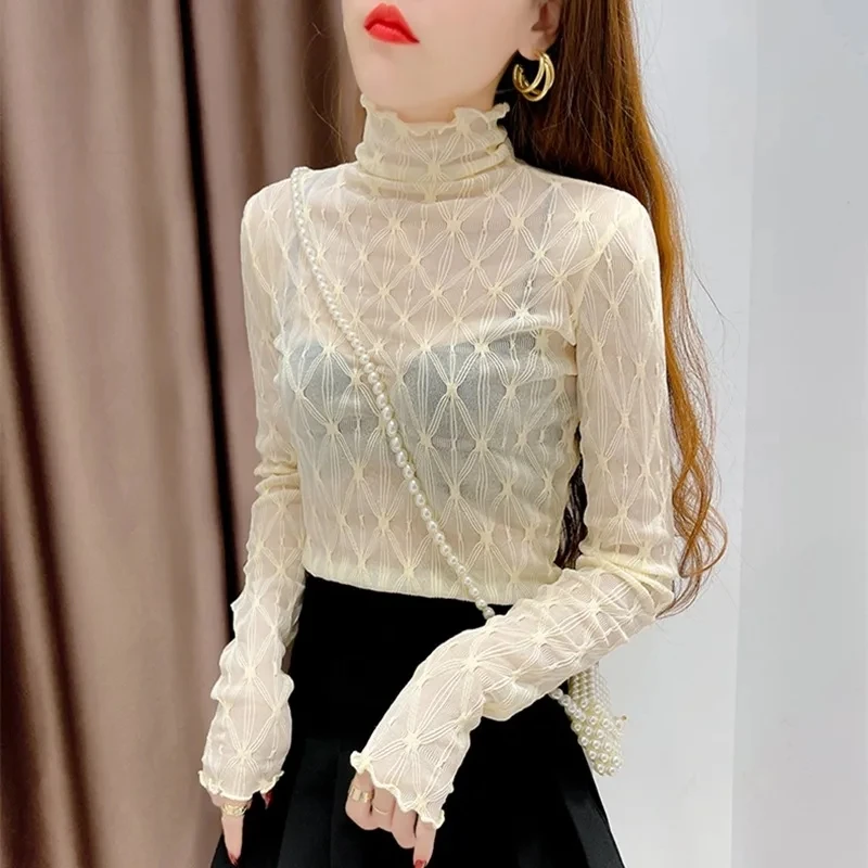 Soft High Collar Gauze Thin Transparent Bottoming Shirt Agaric Lace Long Sleeve Comfortable Fashionable Ladies Top Three Colors
