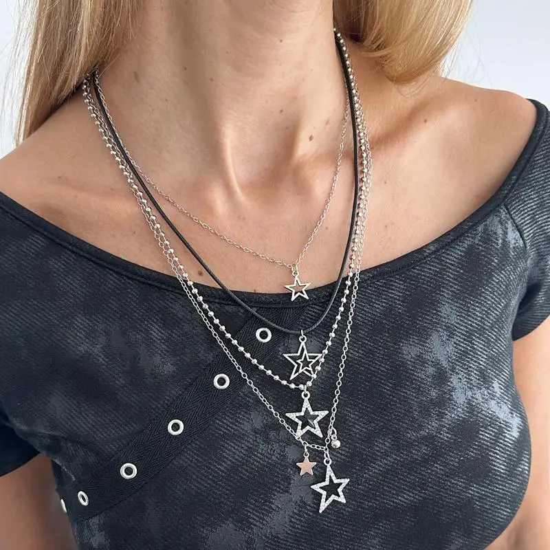 Modische Metall-Sternanhänger-Halskette für Frauen, Punk Hip Hop Silberfarben, mehrschichtige Pentagramm-Quasten-Halskette, Y2K-Schmuckgeschenk – Detail 17