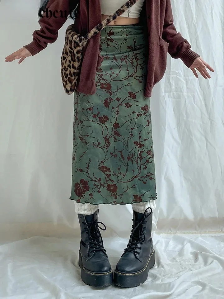 

2024 Y2K Vintage Floral Print mid Skirt Women's Harajuku Sle High Waist Straight Leg H-ape Midi Skirt for Young Women