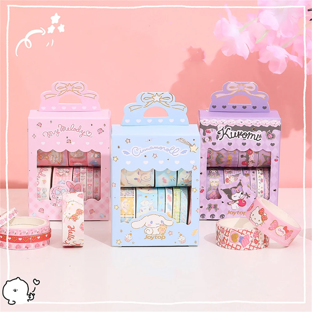 10Roll/Box Sanrio Hello Kitty Cinnamoroll Tape Sticker Cute Cartoon Handbook Hot Stamping Stickers Toys Gifts