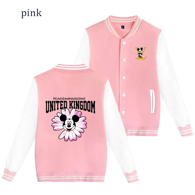 Disney Mickey Fleece Casual Baseball Uniform Cotton Spliced Sleeve Couple Clothing Bomber Jacket Women Sport Coat Streetswear