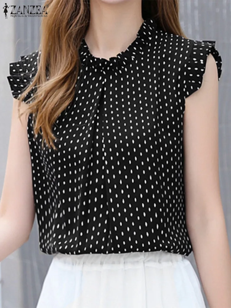 Summer Sleeveless Ruffle Tank Tops Elegant Casual OL Work Shirt Female Fashion Party Blusas Mujer ZANZEA Women Polka Dot Blouse