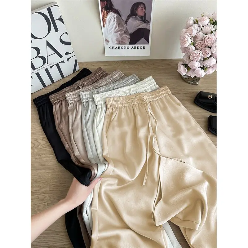 

Summer Clothes Pants Women 2025 High Waist Satin Straight Pants Ice Silk Sun Protection Casual Pants Smooth Loose Fitting