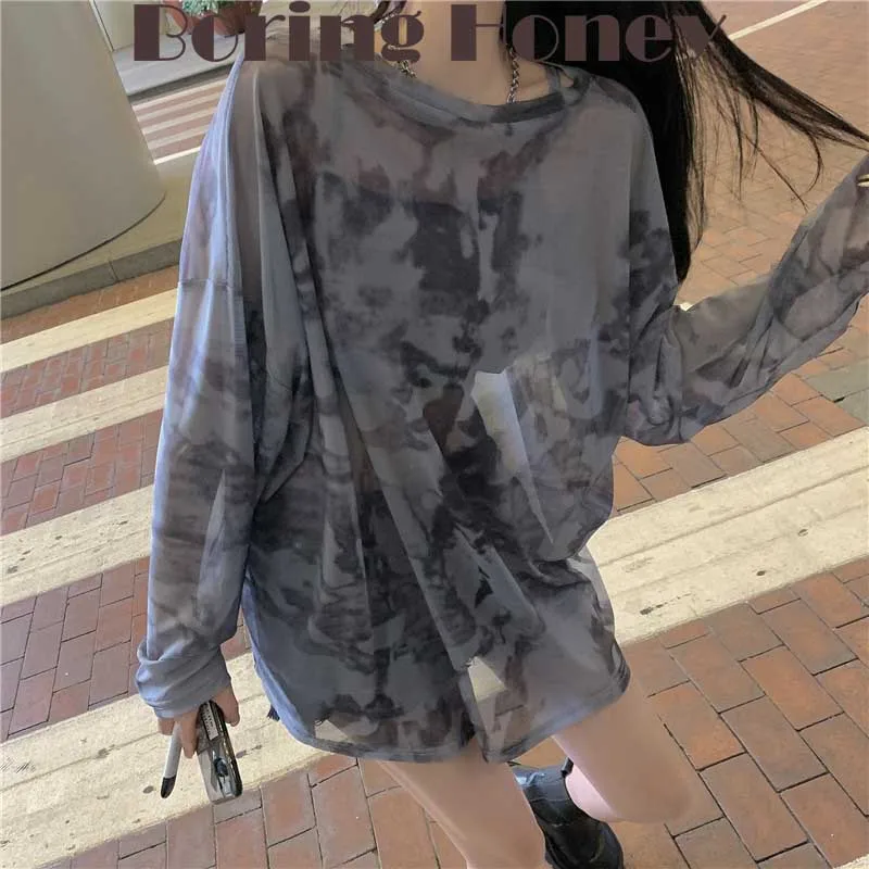 Boring Honey T-Shirt Musim Panas Blus Wanita Fashion Kaus Tabir Surya Tie Dye Longgar dan Nyaman Lengan Panjang Atasan Sutra Es Wanita