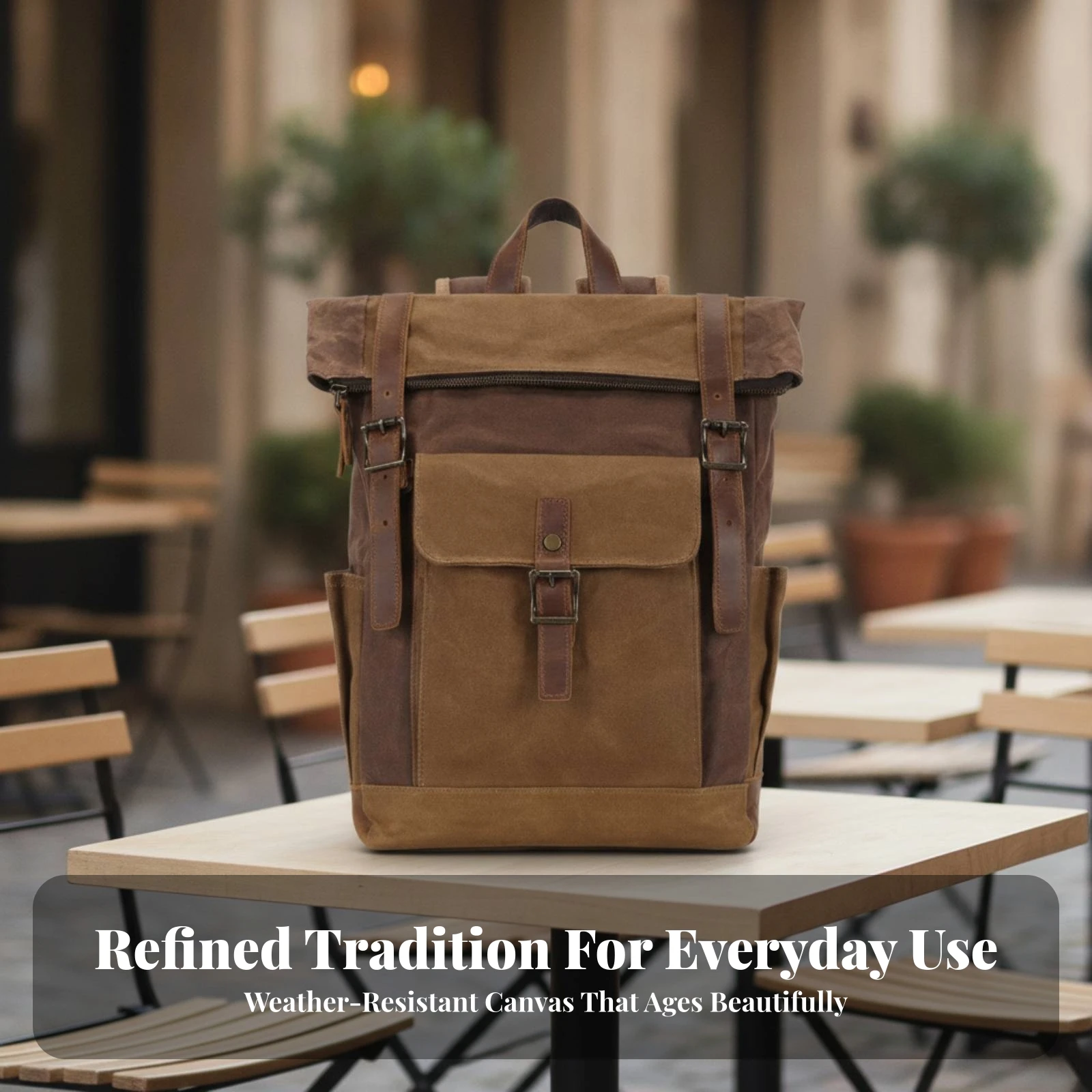 Canvas Backpack with Leather Trim Long-Lasting Roll-Top Backpack Rucksack Rugged Bag Comfortable for Travelers
