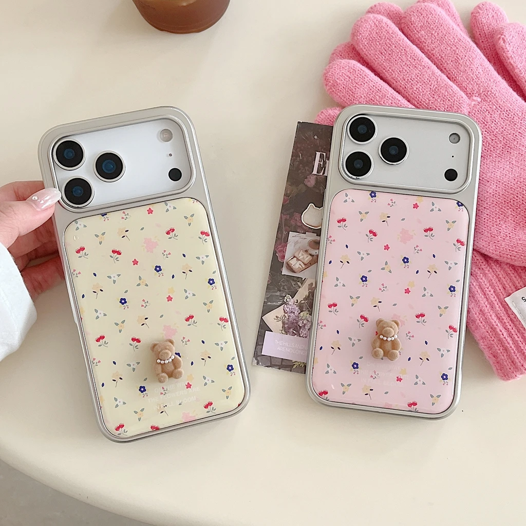 

Милый розовый желтый полноэкранный чехол с цветами и стереоскопическим жемчужным медведем, клейкий чехол для телефона для iPhone 17, 16, 15, 14 Pro Max