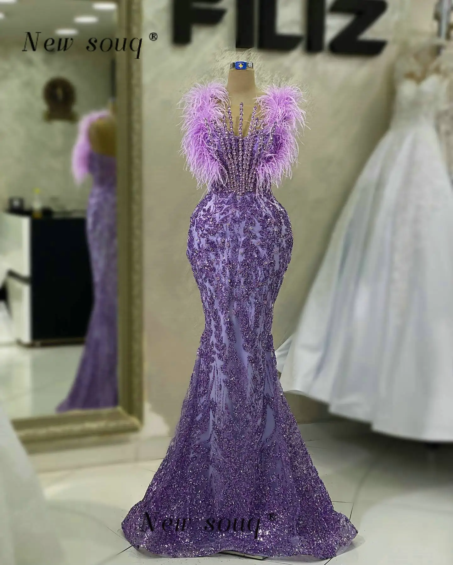 فساتين سهرة طويلة حورية البحر بكريستال أرجواني بدون أكمام لامعة مطرزة بالترتر فساتين رسمية لحفلات الزفاف 2023