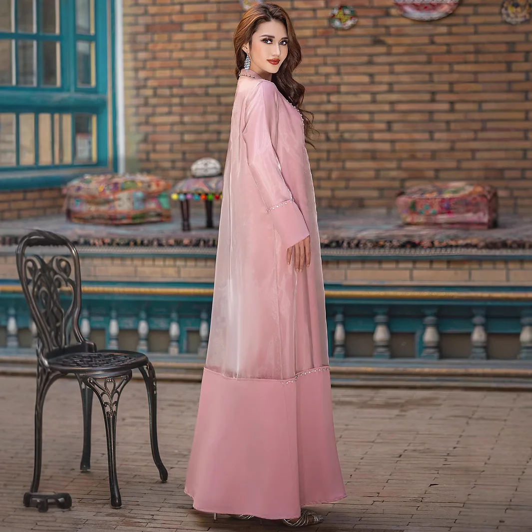 Middle East 2026 Muslim New Fashion Women's Diamond Studded Casual Trendy Pink Elegant 2 Piece Sets Cardigans Dresses Female