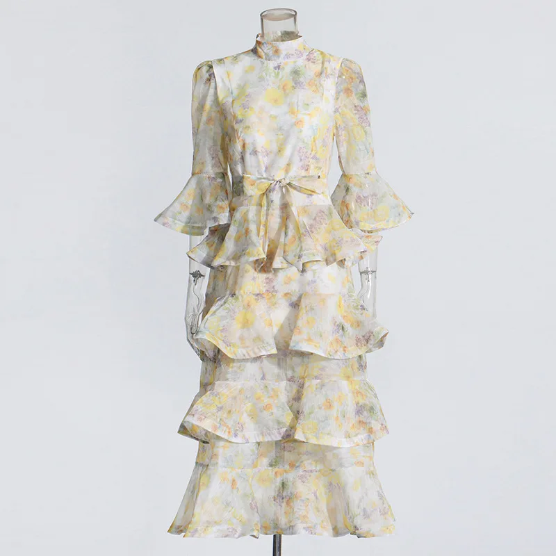 2025 manga alargamento magro longo bolo camada impressão festa maxi vestido gola passarela para mulheres verão outono