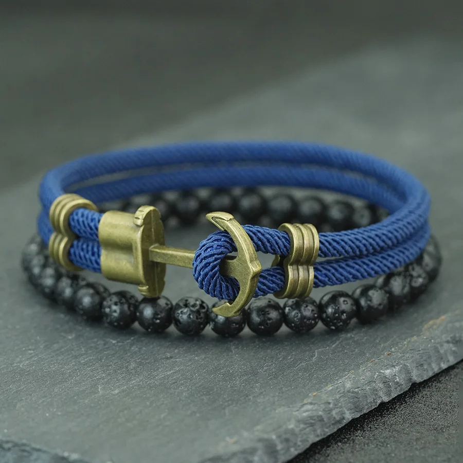 Trendy 2Pcs/set Anchor Bracelet Men Apparel Accessories Bilayer Handmade Cord 6mm Lava Stone Braslet Charm Adventure Homme Joias