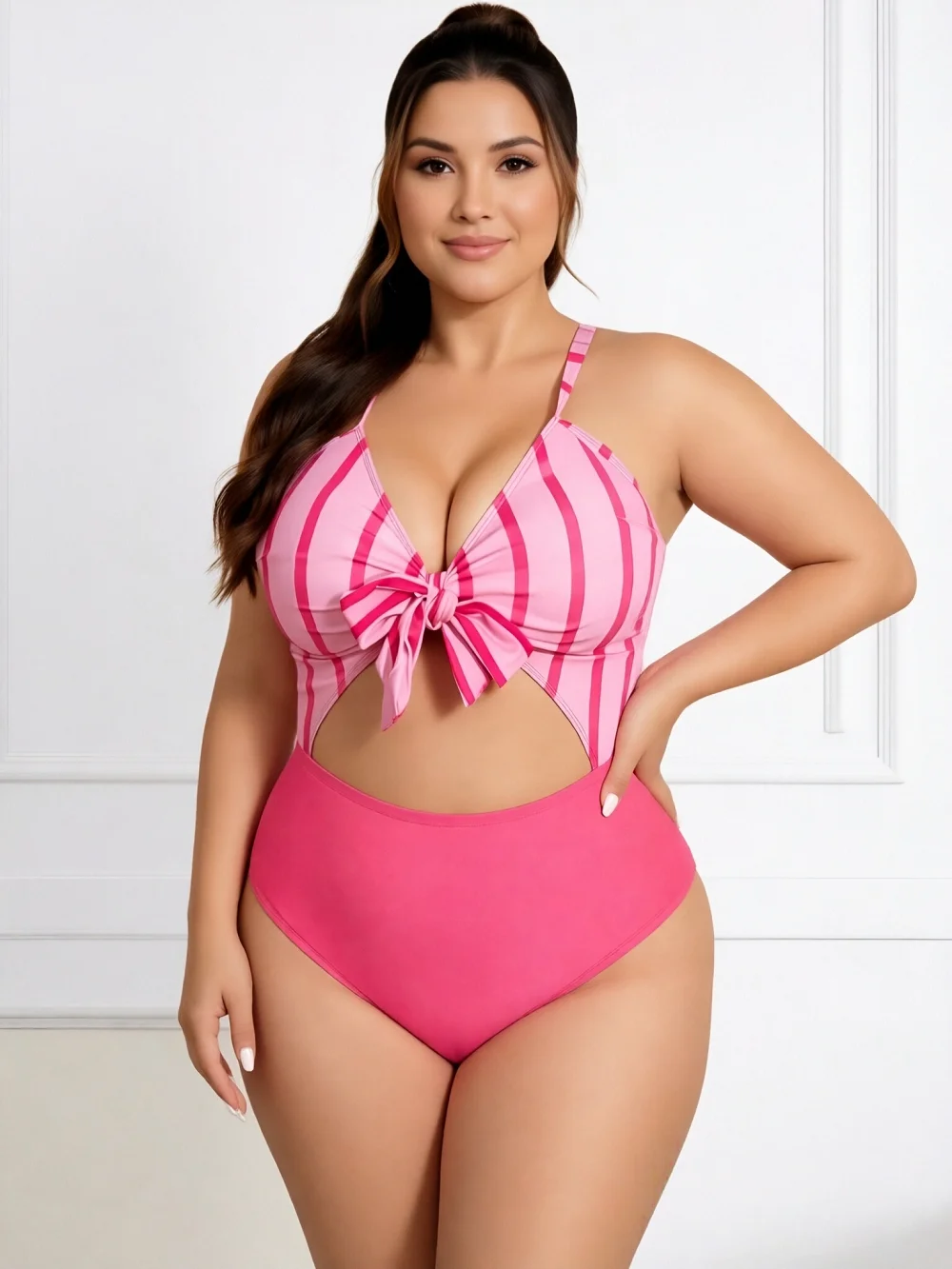 

2026 Summer New Plus Size Pink Vertical Striped One Piece Swimsuit Bow Tie Cutout High Waist Women Bikini Sexy Vacation Swimwear