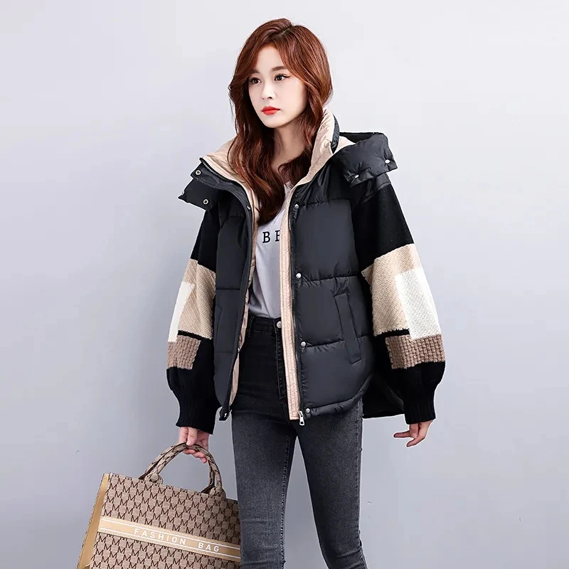 Womens Down Cotton Jacket 2023 New Winter Parkas Thciken Hooded Short Padded Coat Loose Korean Splice Outerwear Female Clothing