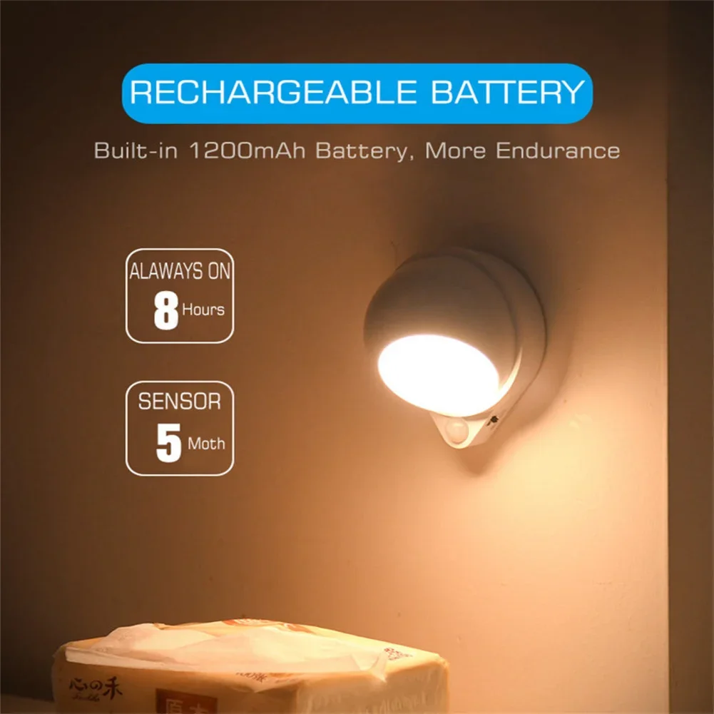 

LED Motion Sensor Night Lights USB Charging 360 Degree Rotating Bedside Wall Lamp For Home Cabinet Stair Corridor Bedroom Closet