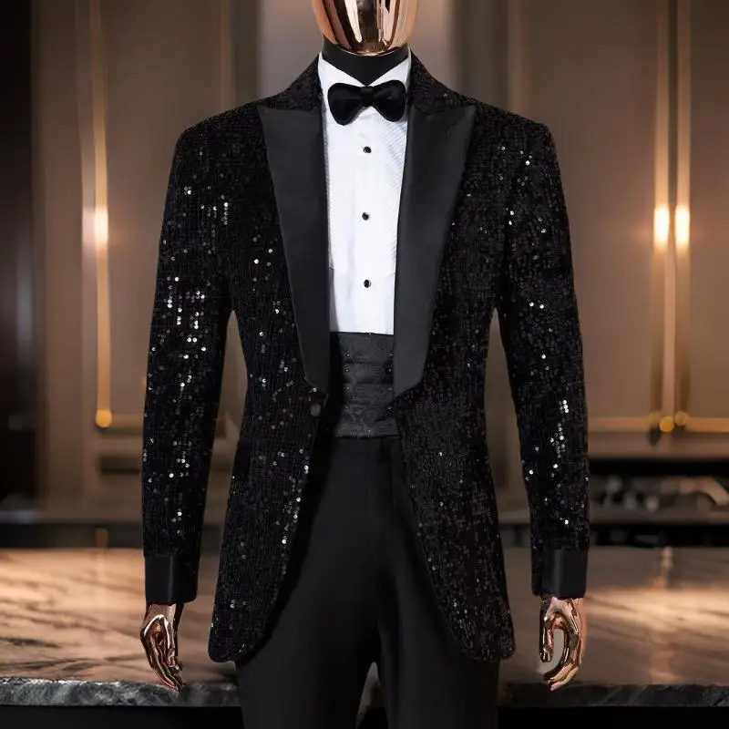 Shining Sequins Men Suits Tuxedo Slim Fit 2024 Notched Lapel Blazer with Pants 2 Piece Tailored Groom Wedding Party Jacket