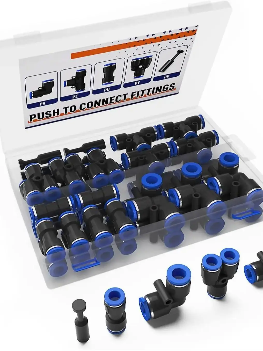 Kit de raccords de tuyau d'air à raccord enfichable, 6mm Od, 60 pièces, pneumatique à connexion rapide pour tube en pouces de ligne d'air (Tee, droit, coude, bouchon séparateur)