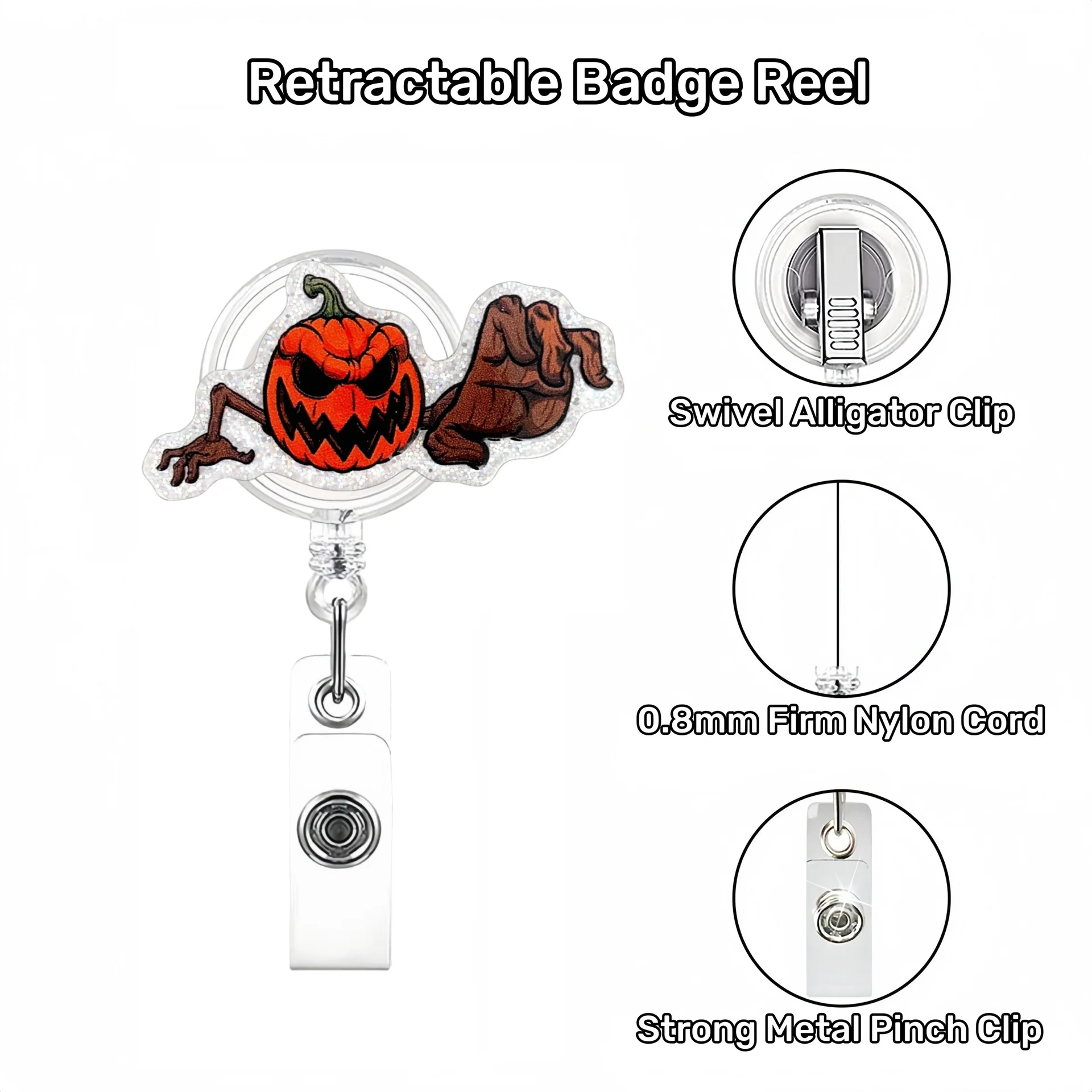 2026 New Design 1 Piece Funny Shiny Acrylic Anime Halloween Pumpkin Boo Retractable Badge Reel Name Tag ID Card Holder Lanyard