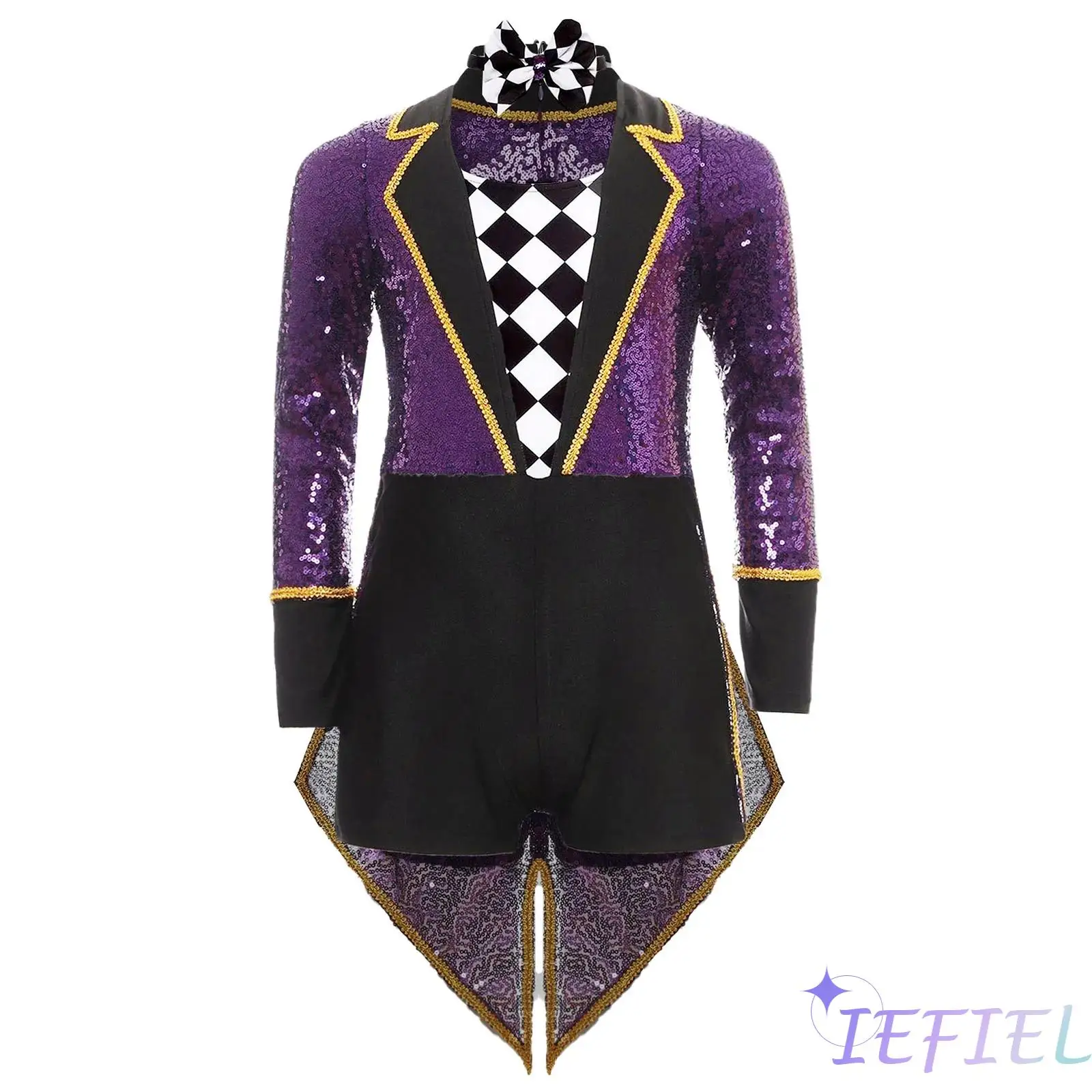 

Kids Unisex Halloween Circus Costume Magician Cosplay Costume Long Sleeve Sequins Checkerboard Tailcoat Bodysuit with Bow Tie