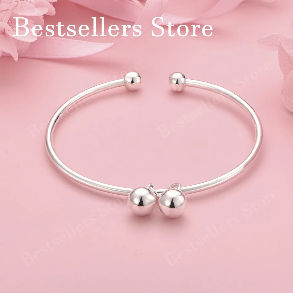 

Charming 925 Sterling Silver Delicate Round Bead Open Bangle for Women, Fashionable Wedding Party Accessories