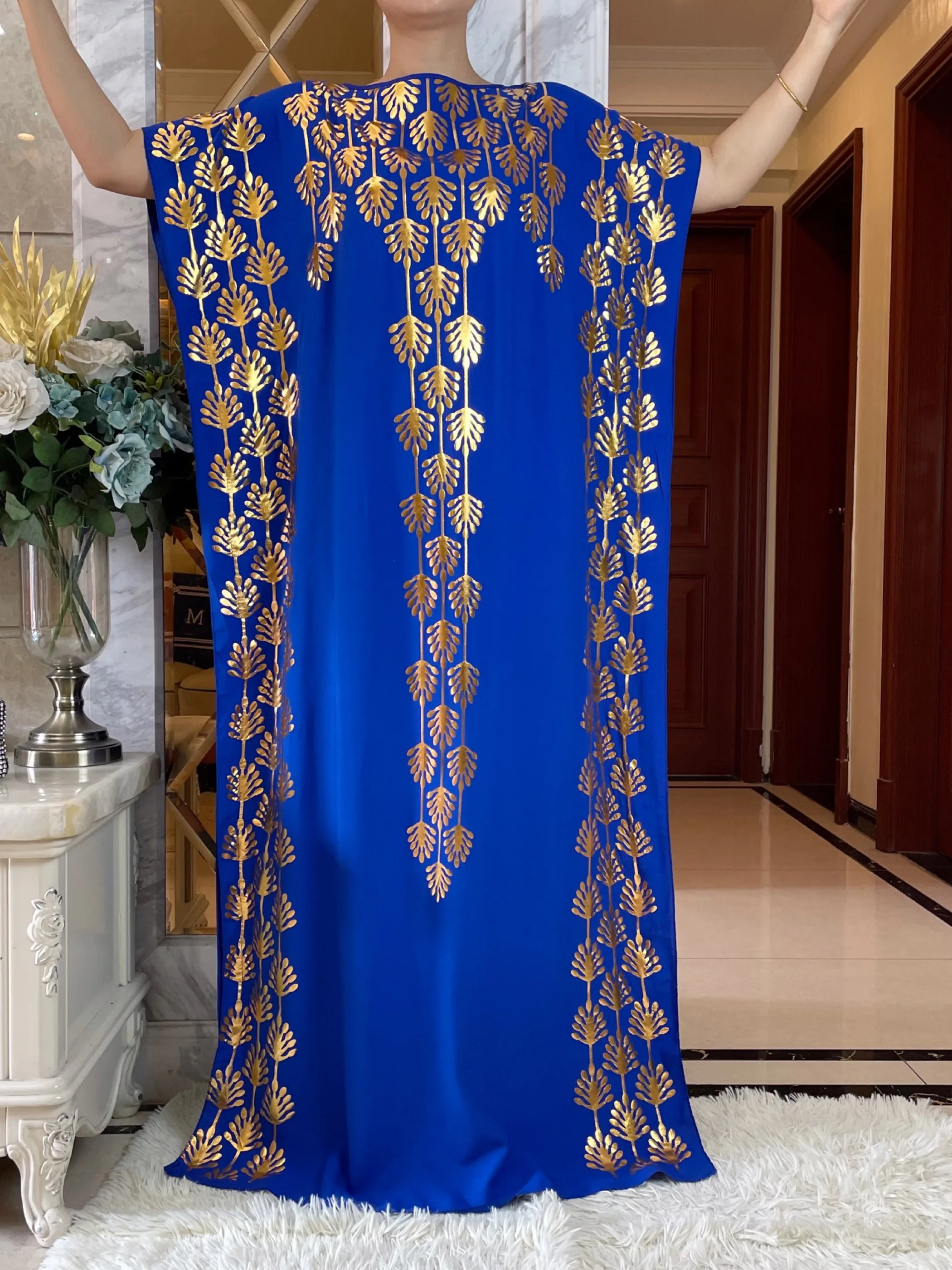 Dubai New Abaya For Women  Summer Short Sleeve Cotton Dress Gold Stamping Loose Lady Maxi Islam African Dress With Big Scarf