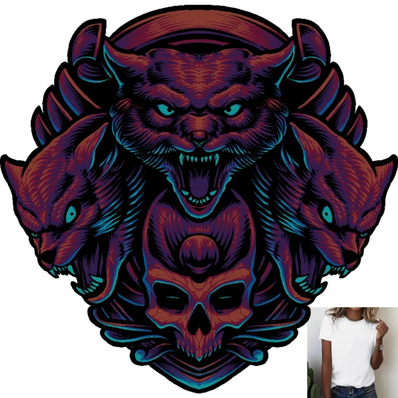 Punk Style Three - Headed Cat & Skull Heat Transfer White Ink Iron - on Patch, Suitable for T - Shirts/Canvas Bags/Clothes,