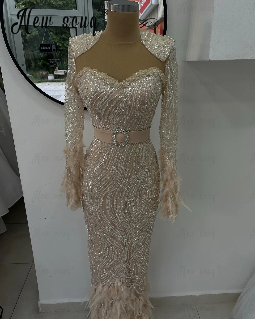 Arabic Champagne Ankle Length Long Sleeves Evening Dresses for Women Wedding Party 2024 Sparkle Beaded Feathers Formal Muslim