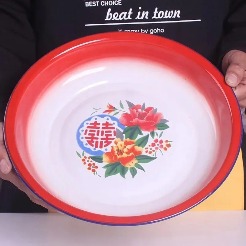 Vintage Enamel Tea Tray Multifunctional Dim Sum Fruit Nut Serving Plate Enamel Kitchenware with Various Patterns for Home Use