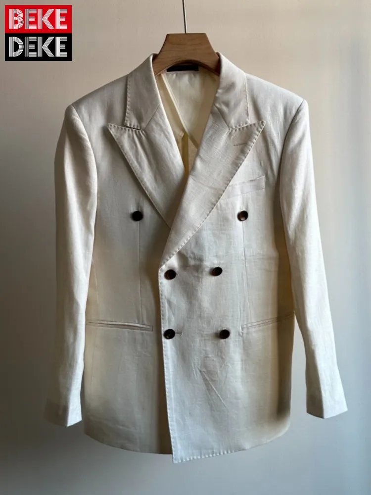 

Джентльмен, весна-лето, тонкие льняные пиджаки, дизайнерская верхняя одежда, двубортный деловой повседневный офисный мужской элегантный пиджак для работы