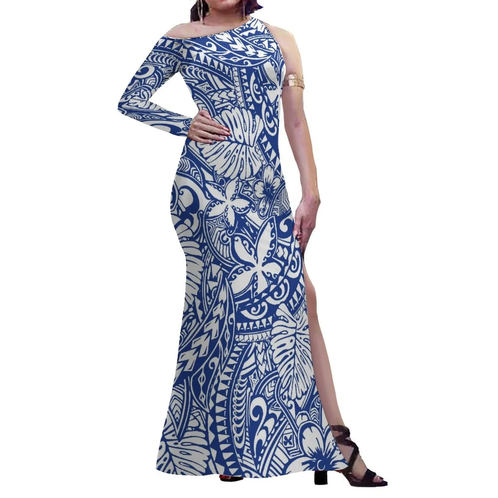 New Arrivals Polynesian Tattoo Woman Dresses Tribal Tatau One Shoulder Dress Long Sleeve Black Sexy Bodycon Dresses Ladies