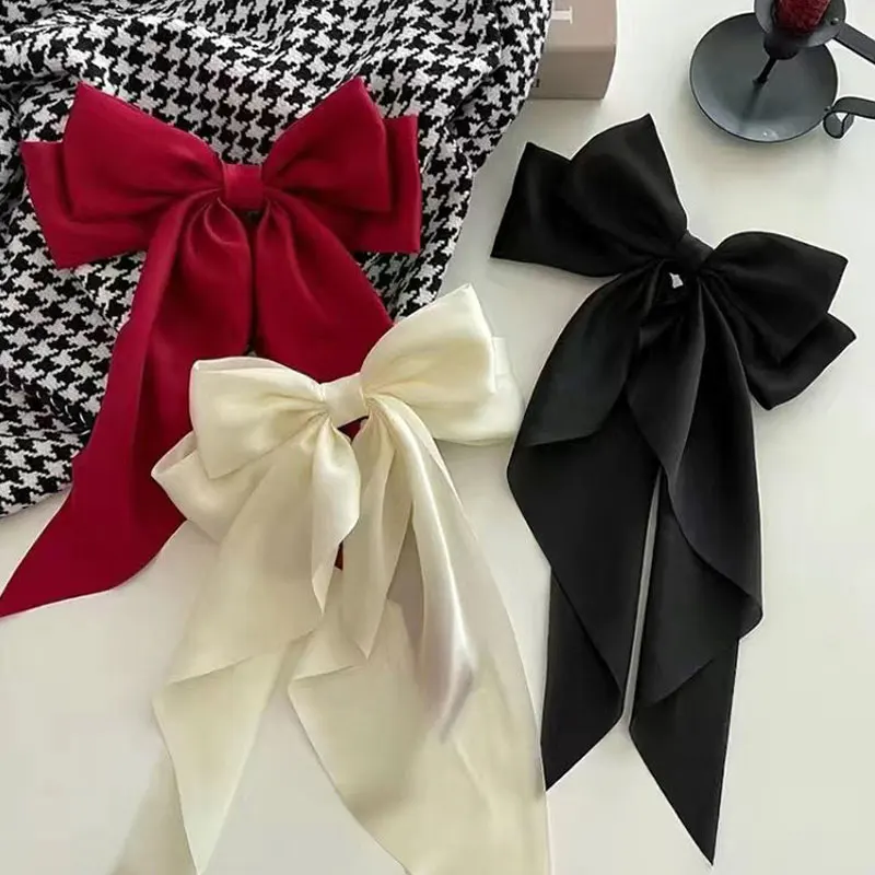 Korean Style New Bow Ribbon Hairpin Simple and Generous Satin Spring Clip Fixed Hair Clip Retro