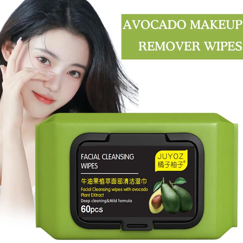 60pcs Avocado Essence Moisturizing Makeup Remover Wipes Easy-carry Makeup Remover Towel And Facial Cleanser Three In One