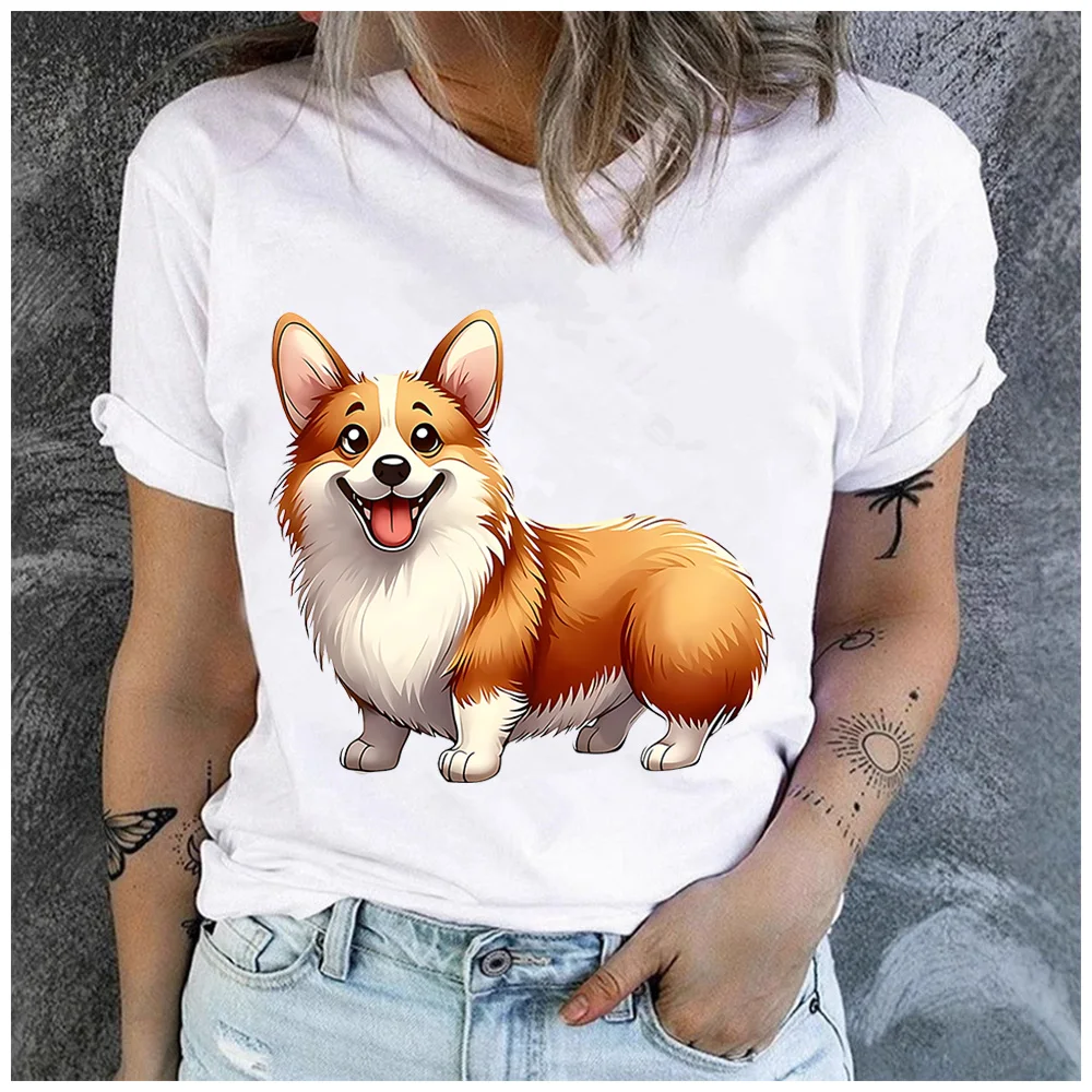Cotton 100% Cartoon Happy Corgi Dog Graphic Women T-Shirt Fluffy Welsh Corgi Puppy Pet Owner Daily Casual Short Sleeve Top