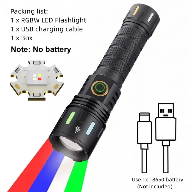 GOOD-Zoom RGB LED Flashlight Blue Green Red Lamp USB Rechargeable Outdoor Fishing Camping Hunting Selfie Fill Light Torch