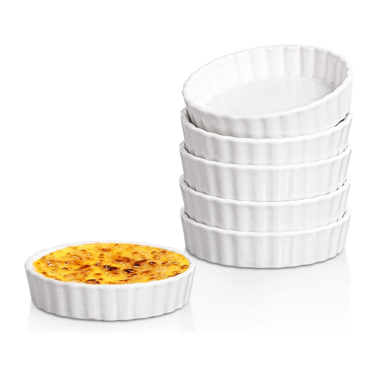 A84E-5 Oz Creme Brulee Ramekins, Round Fluted Quiche Dishes Tart Pan, Oven Safe Ramekins for Baking, Souffle, Ramekins 6 Pack