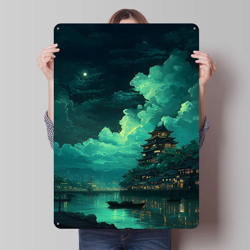 Nachtsicht-Landschaft eines japanischen Schlosses, Blechposter, personalisierte Wandkunst, Vintage-Metallschilder, Retro-Blechtafel für Heimdekoration