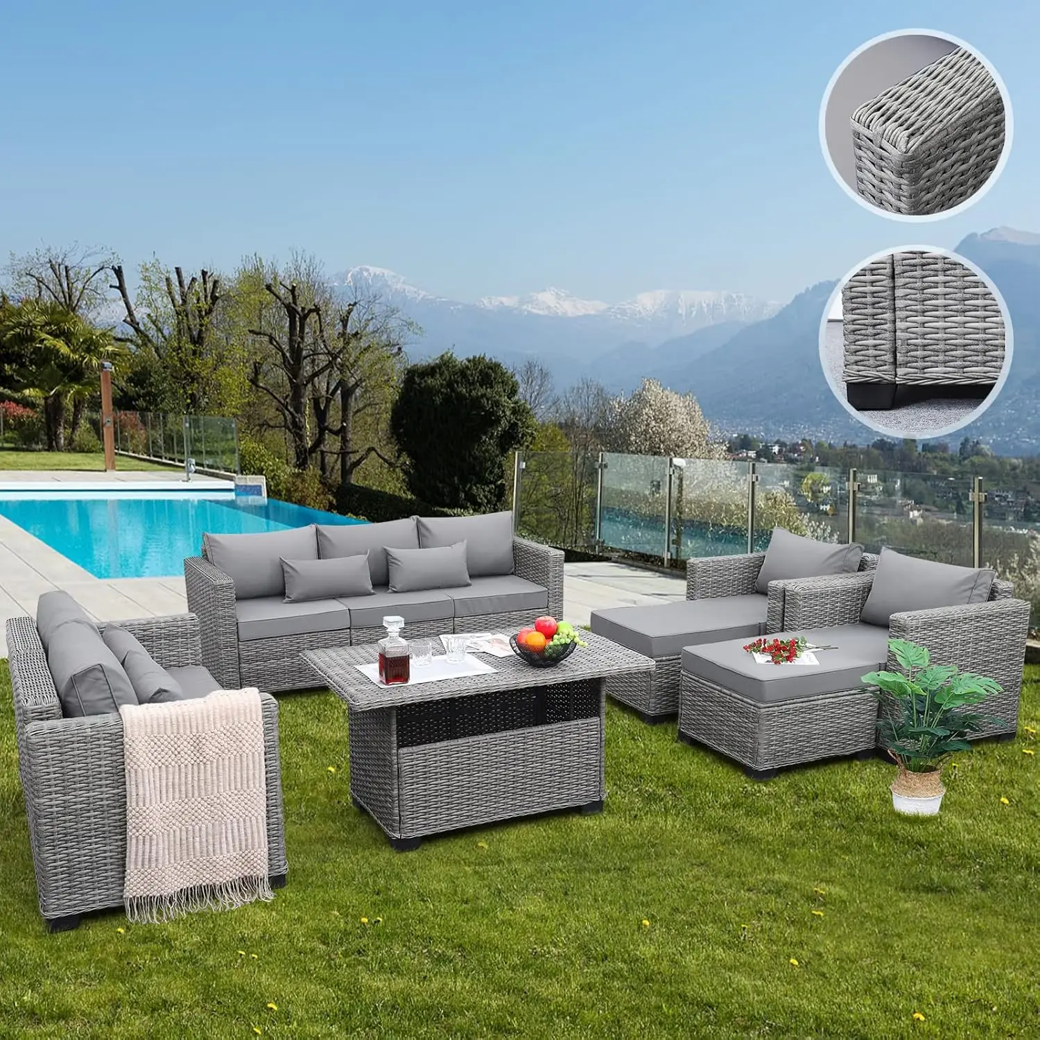 Rattaner 7-Piece Furniture Sets Patio Furniture Set Couch Outdoor Chairs Storage Table Non-Slip Cushions Waterproof Covers Grey