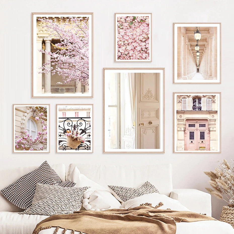 Street View Pink Door Corridor Rose Cherry Blossom Interior Wall Wall Art Canvas Painting Landscape Pictures For Bedroom Decor