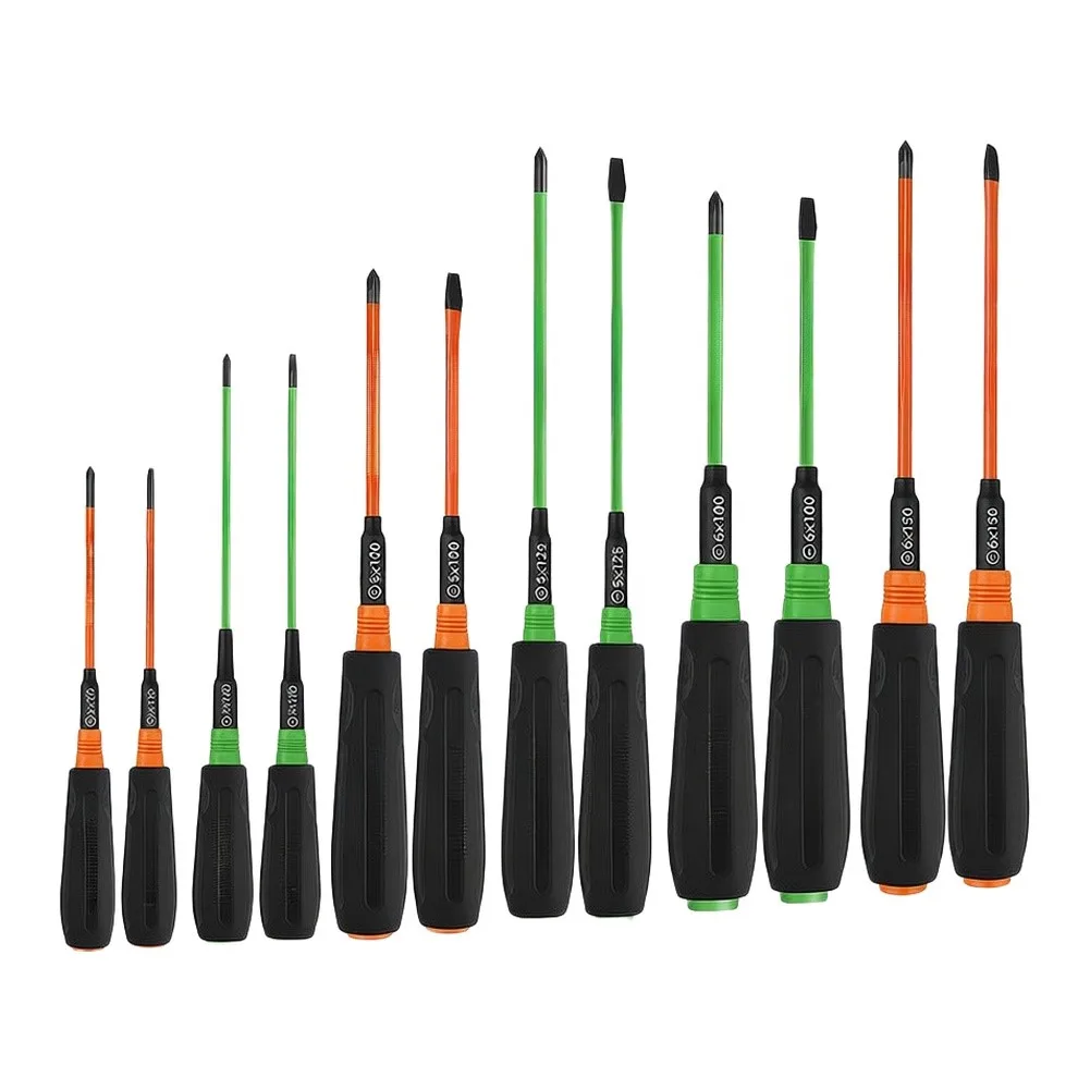 Demolition-Oriented 12pc Screwdriver Set Made from For S2 Steel Magnetic Slotted For cross Tips and Ergonomic Triangular Handle