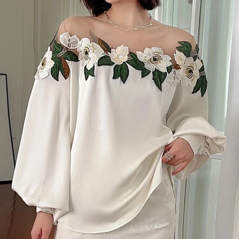 Elegant Mesh Patchwork Satin Blouse Spring Autumn Long Lantern Sleeve Women Clothes O-neck Tops Vintage Embroidered Shirt 24976