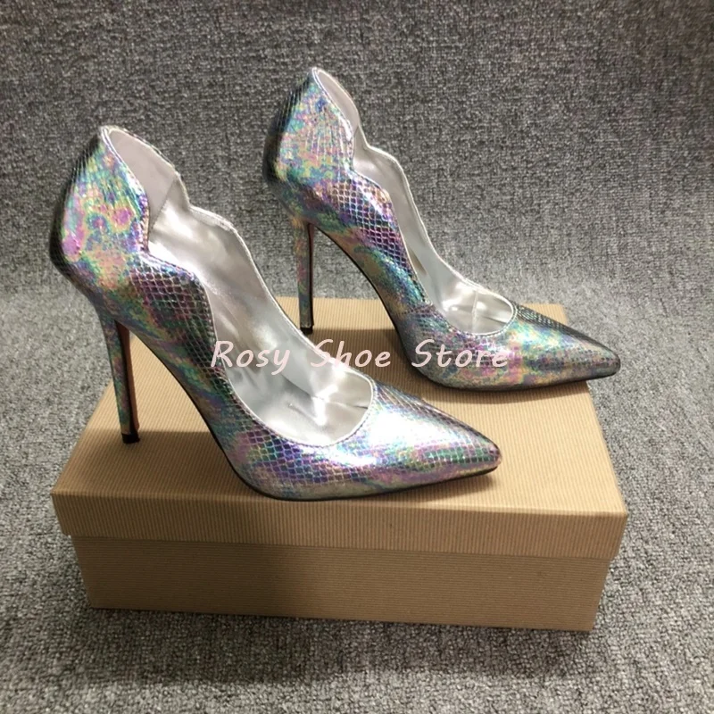 Silver Fish Scale Wave Covered Heel Women's High Heels Pointed Toe Colorful Fantasy Stilettos Same Color Shoes and Bags Matching