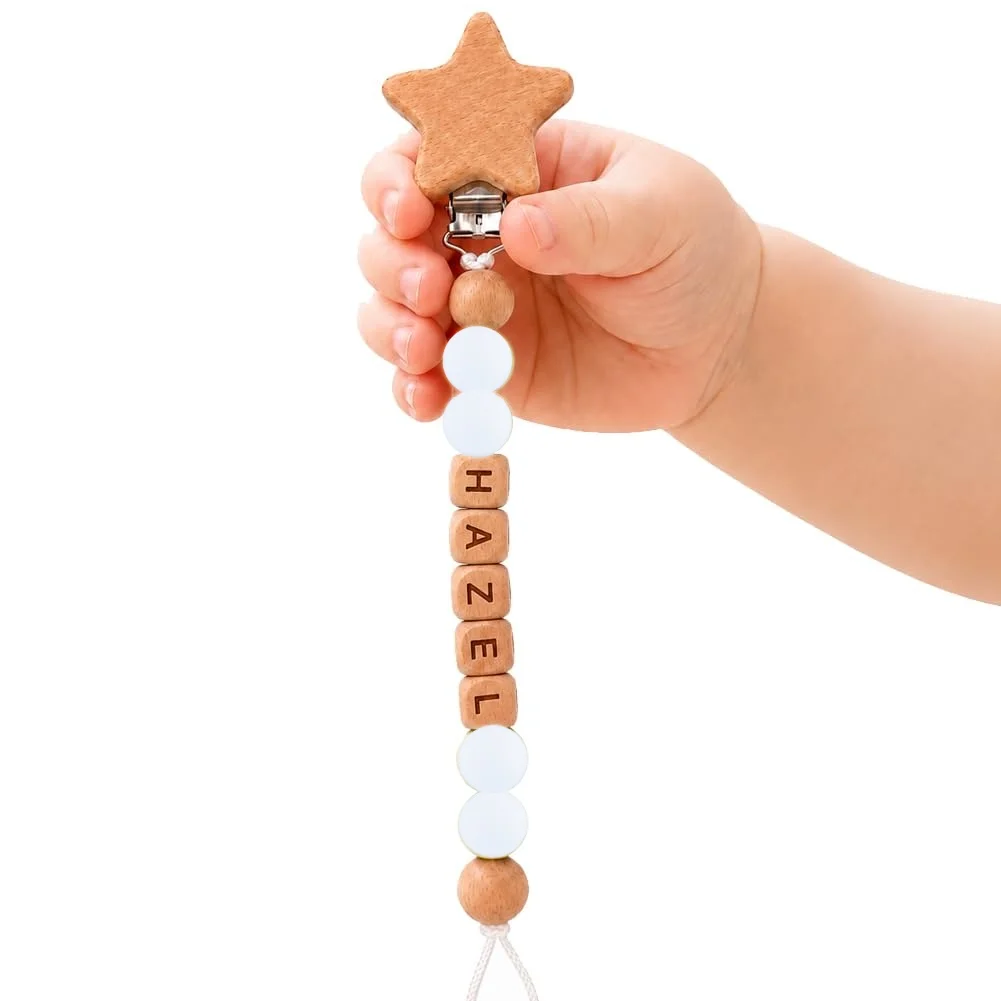 Custom Name Star Wooden Pacifier Clip Silicone Beads Dummy Soother Holder Anti‑Lost Chain BPA‑Free Newborn Baby Shower Gift
