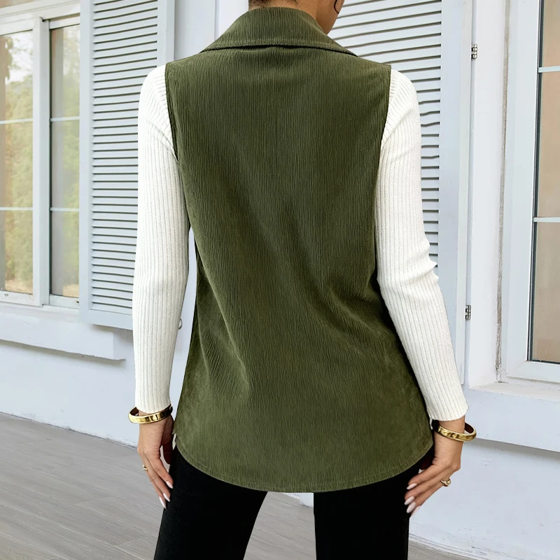 Women Corduroy Vest Lapel Collar Sleeveless Button Down Waistcoat Casual Pocket Outerwear Gilet
